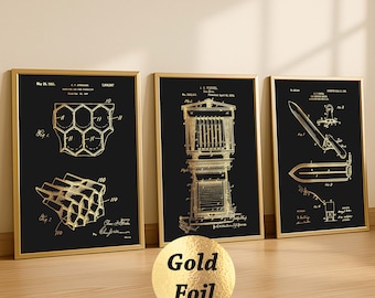 Set di 3 stampe artistiche di apicoltura, brevetto di alveare, progetto di nido d'ape, invenzione agricola, poster di api, decorazioni per la casa in fattoria, regalo per apicoltori, lamina d'oro