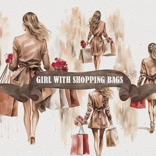 4 Beautiful Woman with Shopping Bags Clipart Stylish Girl Clipart Fashion Lady Clipart Chic Clipart Glam Clipart Boho Clipart Vogue Girl Art