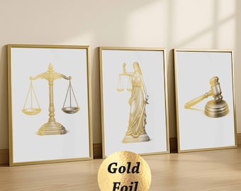 3 Law Firm Wall Art Lady Justice Scales of Justice Gavel Print Lawyer Gift Attorney Office Decor Judge Gift Law Student Gift Gold Foil Print