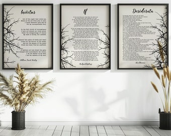 3 Famous Poems Art, IF Poem, Desiderata Poem, Invictus Poem, Verse Wall Art, Literature Poster, Lyrics Art, Inspirational Poem, Home Decor