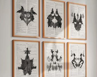 Juego de 6 impresiones vintage de la prueba de Rorschach, tarjetas de prueba de manchas de tinta, arte de diccionario, regalo de psiquiatría, psicólogo, decoración de consultorio médico, regalo de científico.