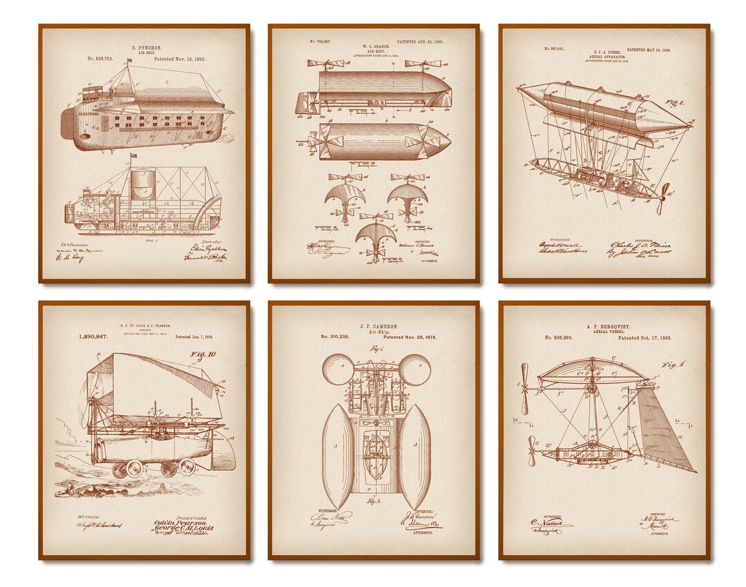 Set 6 Vintage Airship Patent Prints Balloon Blueprint Flying Machine ...