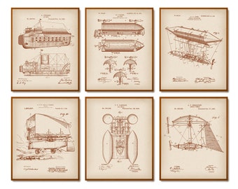 Set 6 Vintage Airship Patent Prints Balloon Blueprint Flying Machine Patent Airplane Patent Aviation Inventions Poster Travel Art Mechanic