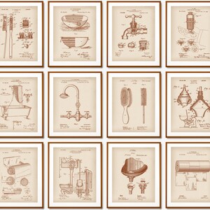 12 stampe di brevetti per bagni d'epoca, progetti per bagni, decorazioni per bagni, brevetti per bagni, brevetti per armadi, brevetti per carta igienica, brevetti per sapone, brevetti per doccia