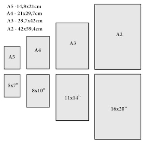 K&ouml;nnte beinhalten: Ein Diagramm, das die verschiedenen Papiergr&ouml;&szlig;en zeigt, darunter A2, A3, A4 und A5, sowie die entsprechenden Ma&szlig;e in Zoll und Zentimetern.