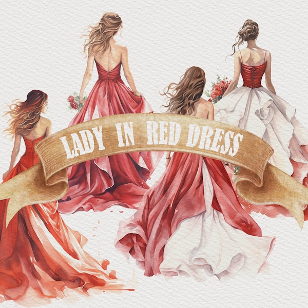 4 Lady in Red Dress Clipart Bride In Red Dress Watercolor Wedding Dress PNG Ballgown Dress Incredible Marriage Art Bridal Designs