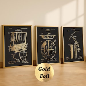 3 Gold Mining Posters Mining Tool Patent Print Gold Blueprint Miner Gift Gold Rush Print Klondike Art Office Decor Prospector Gift Gold Foil