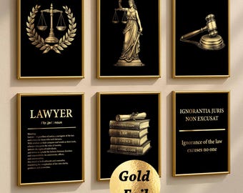 6 Lawyer Wall Art, Law Office Decor, Lady Justice Print, Scales of Justice, Gavel Poster, Legal Quote, Lawyer Definition, Gold Foil Print