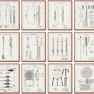 Set 12 Vintage Archery Patent Prints Target Game Blueprint Sport Patent Archer Gift Bow Patent Arrow Patent Playroom Decor Forest House Art