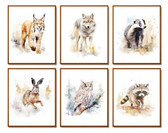 6 Woodland Art Acuarela Animal Print Bosque Animal Jadeando Animal salvaje Póster Biología Arte Niños Habitación Decoración Regalo para amantes de los animales