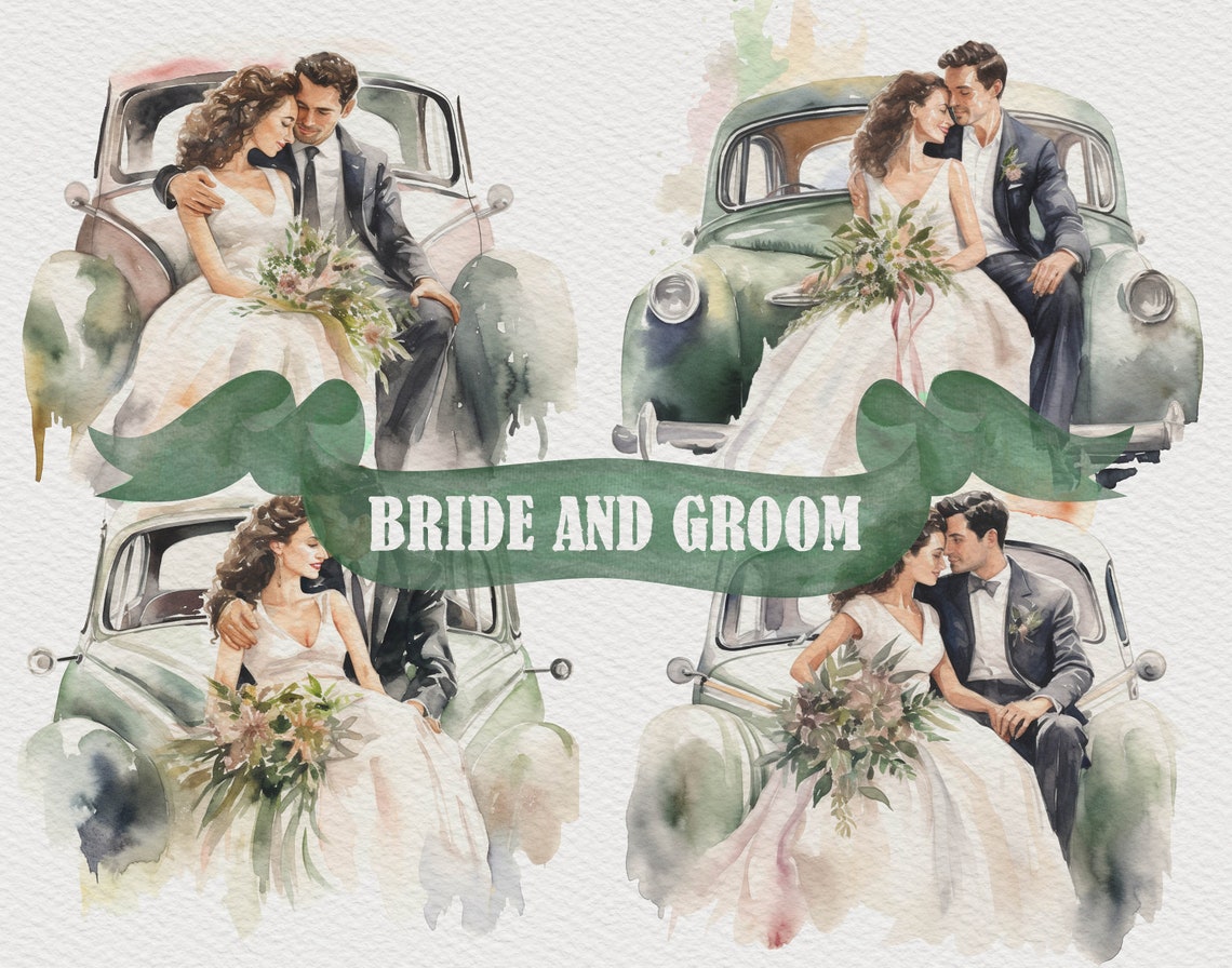 4 Just Married Couple in Car Clipart Bride and Groom Art - Etsy