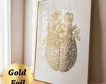 Stampa in lamina d'oro con anatomia del cervello floreale Arte neurologica Opera d'arte medica Poster anatomico del cervello Regalo per neurologo Regalo per psicologo
