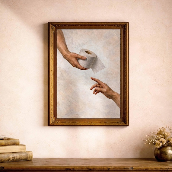 Michelangelo Style Toilet Paper Art Print, Renaissance Inspired Hands Painting, Funny Classical Wall Art, Vintage Oil Painting Poster
