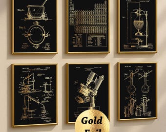 Chemie patent set van 6 prints scheikundige cadeau apotheek blauwdruk periodiek systeem poster laboratorium decor wetenschap muur kunst goudfolie print
