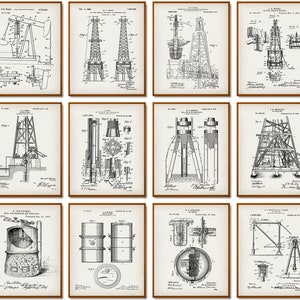 12 Vintage Oil Drilling Rig Patent Prints Prospecting Blueprint Mining Patent Oil Industry Art Energy Contractor Gift Prospector Gift