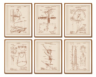 6 Lineworker Patent Prints Electric Transmission Blueprint Lineman Equipment Scheme Poster Lineman Gift Electrician Gift Wireman Gift
