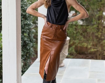 Women's  Brown Solid Casual Lightweight A-Line Pleated Leather Bodycon Skirt, Women's Leather Midi Skirt, Women's Brown Leather Skirt