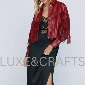Women&#39;s Maroon Red With Fringe Solid Casual Motorcycle Biker Leather Jacket, Women&#39;s Red fringe  Leather Jacket, Women&#39;s Red Biker Jacket,