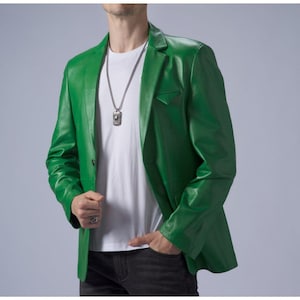 Men&#39;s Cactus Green Solid Casual Tailored Business Leather Blazer, Men&#39;s Green Leather Jacket, Men&#39;s Leather Coat, Men&#39;s Green Leather Blazer