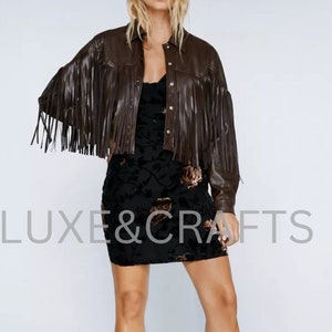 Dames chocoladebruin franje solide casual leren jack, dames bruin leren jack, dames bruin franje jack, bruin leren jack