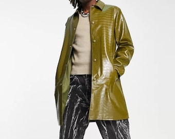 Gabardina / abrigo largo informal de piel con textura de cocodrilo de color verde brillante para hombre, abrigo largo de piel verde para hombre, abrigo superior de piel para hombre.