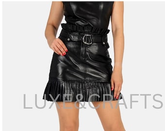 Gonna midi in pelle pieghettata a trapezio leggera casual tinta unita nera da donna, gonna midi in pelle da donna, gonna in pelle nera da donna