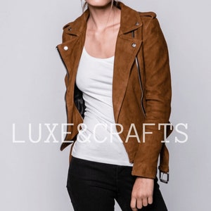 Women&#39;s Camel Beige Suede Solid Casual Motorcycle Biker Leather Jacket, Women&#39;s Beige Leather Jacket, Women&#39;s Suede Biker Leather  Jacket.