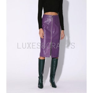 Women&#39;s Purple Solid Casual Lightweight Pencil Skirt with Zip Front Leather Skirt, Women&#39;s Purple Leather Skirt, Women&#39;s Purple Skirt.