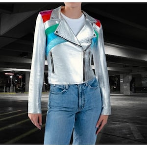 Women Silver Rainbow Colored Multi Metallic Foil Casual Motorcycle Biker Leather Jacket with Six Metallic Foil Colors, Women Silver Jacket.