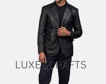 Blazer in pelle da lavoro su misura casual nero solido da uomo, giacca in pelle nera da uomo, cappotto in pelle nera da uomo, giacca/cappotto in pelle nera