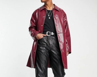 Herren Rot Solid Casual Krokodil Strukturleder Trenchcoat Langer