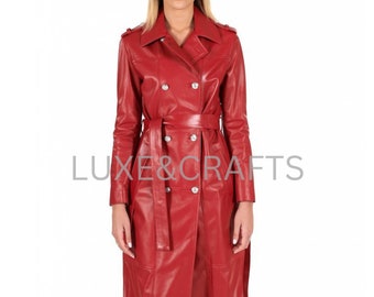 Women's Red Solid Casual Double Breasted Leather Trench Coat / Long Coat with Petite Belt, Women's Red Leather Long Coat