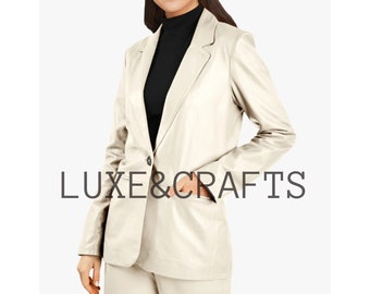 Women's Beige Solid Casual Tailored Business Leather Blazer, Women's Beige/Off White Leather Jacket, Women's Beige Leather Coat.