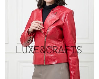 Chaqueta de cuero de motociclista casual sólida roja para mujer, chaqueta de cuero roja para mujer, chaqueta de motociclista roja para mujer, chaqueta de mujer, cuero rojo.
