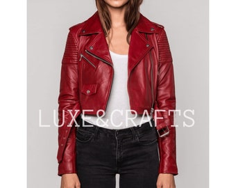 Chaqueta de cuero de motociclista casual sólida roja granate para mujer, chaqueta de cuero roja para mujer, chaqueta de motociclista roja para mujer, chaqueta de cuero roja