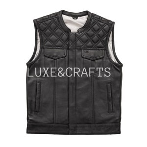 Men&#39;s Black Solid Motorcycle Biker Diamond Quilted Leather Vest, Men&#39;s Black Vest Coat, Men&#39;s Black  Vest, Men&#39;s Black Diamond Quilted vest.