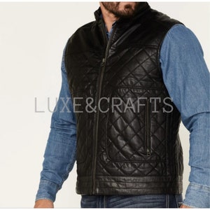 Men&#39;s Black Solid Motorcycle Biker Diamond Quilted Leather Vest, Men&#39;s Black Vest Coat, Men&#39;s Black  Vest, Men&#39;s Black Diamond Quilted vest.