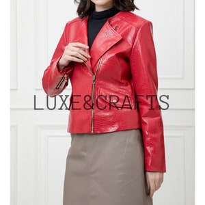 Women Red Solid Casual  Motorcycle Biker Leather Jacket , Women Red Leather Jacket , Women Red Biker Jacket, Women&#39;s Jacket, Red Leather.