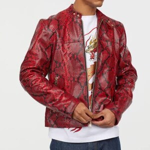 Men's Red Python Print Solid Casual Motorcycle Biker Leather Jacket ...