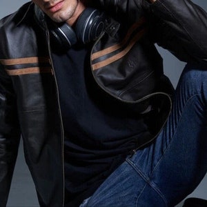 Men Black Solid Casual Tailored Color Blocked Motorcycle Biker Leather Jacket with Tan Brown Suede Leather Stripes ,Men Black Leather Jacket