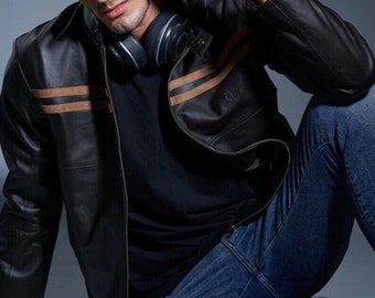 Men Black Solid Casual Tailored Color Blocked Motorcycle Biker Leather Jacket with Tan Brown Suede Leather Stripes ,Men Black Leather Jacket