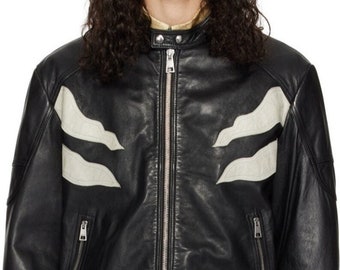 Men Black Solid Casual Tailored Color Blocked Motorcycle Biker Leather Jacket with White Leather Patches ,Men Black Leather Jacket.