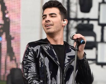 Joe Jonas Black Patent Leather Premium Solid Casual Tailored Rockstar Band Leather Jacket , Men Black Leather Jacket , Black Patent Leather