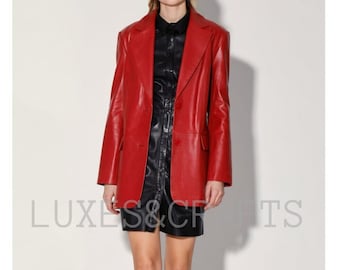 Women's Red Solid Casual Tailored Leather Blazer, Women's Red 2 Button closure Leather Blazer, Women's Red Leather Coat.