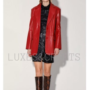 Women&#39;s Red Solid Casual Tailored Leather Blazer, Women&#39;s Red 2 Button closure Leather Blazer, Women&#39;s Red Leather Coat.
