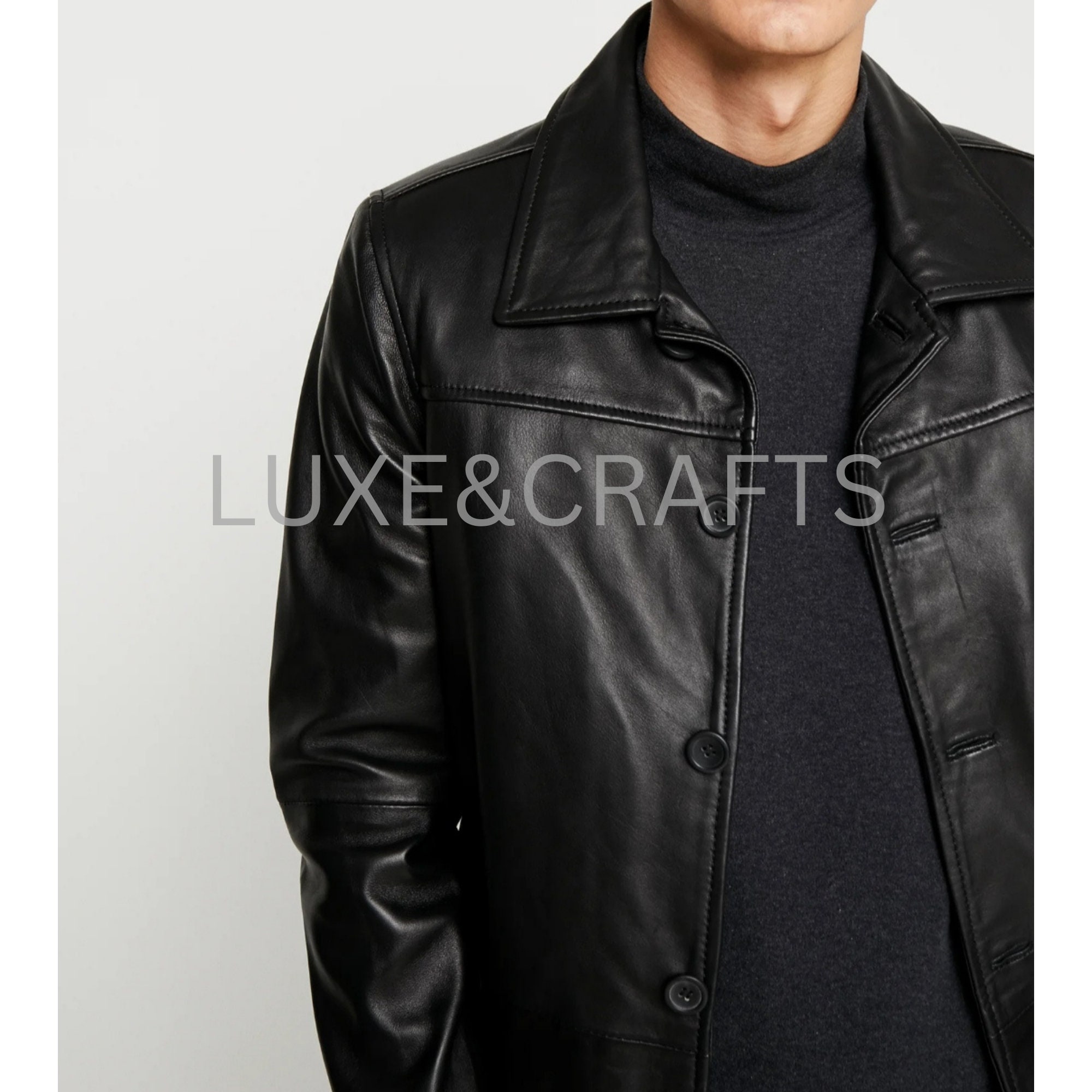 Men's Black Solid Casual 3/4 Length Biker Leather Jacket