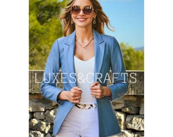 Women's Blue Real Leather Blazer Coat, Women's Blue Leather Jacket, Women's Blue Leather Short Coat, Blue Leather Blazer Woman, Blue Jacket