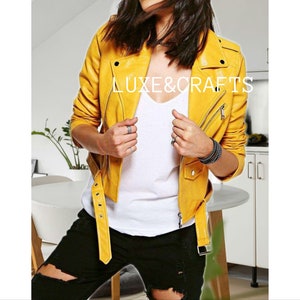 Women&#39;s Yellow Slim Fit Motorcycle Biker Real Leather Jacket, Women&#39;s Yellow Biker Jacket, Yellow Leather Jacket for Woman, Yellow Jacket