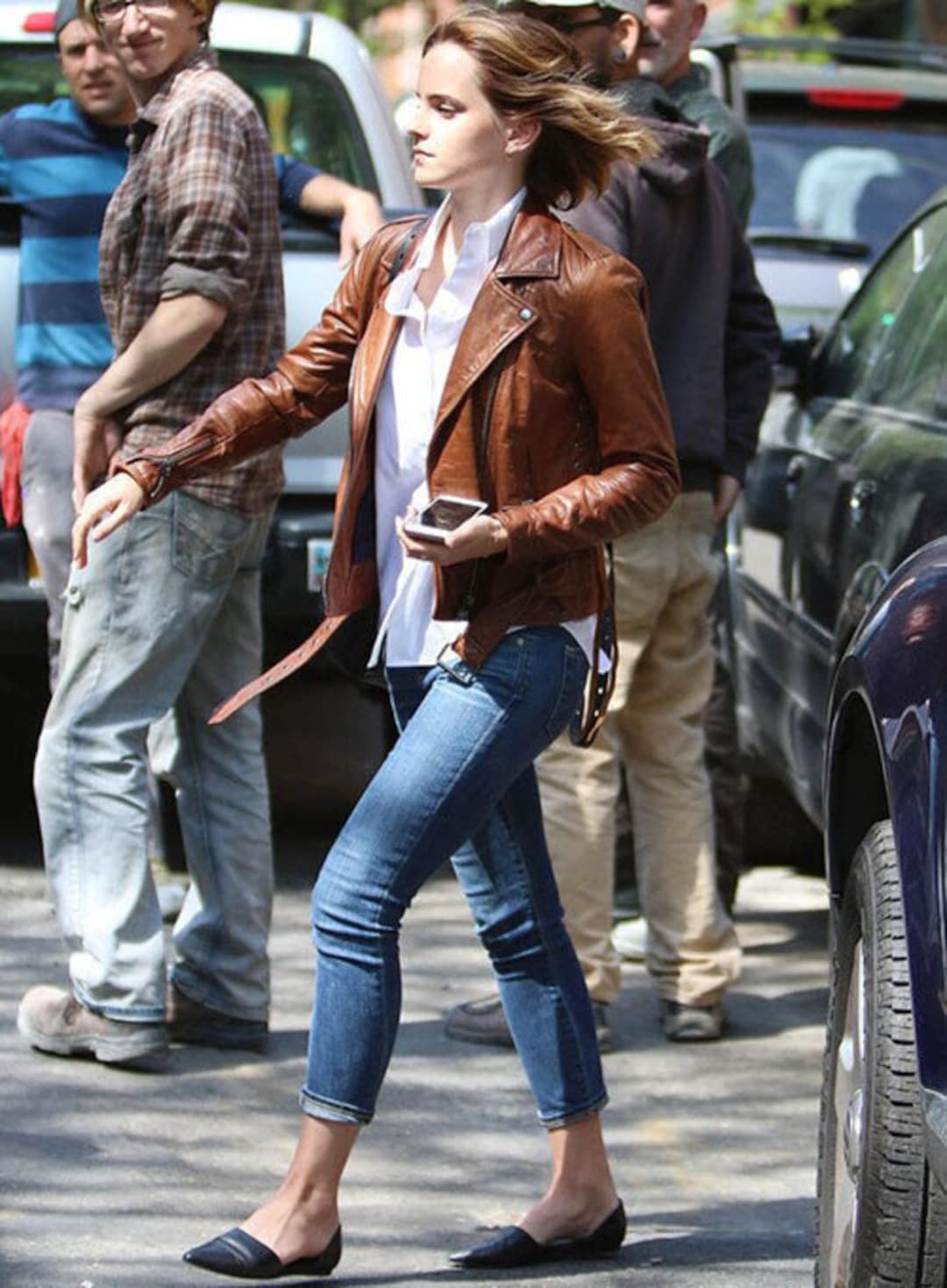 Emma Watson Women's Brown Biker Slim Fit Laced Sides Leather