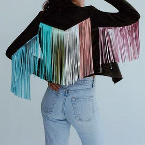 Womens Black Rainbow Metallic Foil Fringes Motorcycle Biker Genuine Soft Lamb Leather Jacket, Black Metallic Fringe Leather Jacket for Woman